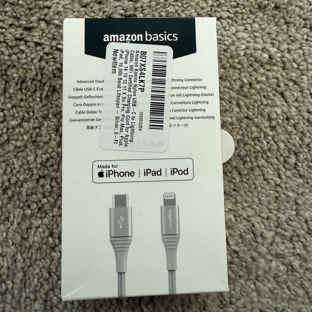 NWT! Amazon Basics - USB-C to Lightning Silver Braided Cable, 6ft